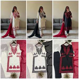 Traje exclusivo de diseñador en tela de seda romana bordada, con top, pantalón y dupatta. - Product Image 6