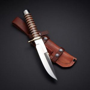 Couteau de chasse et de camping Bowie en acier Damas fait main OEM, manche en bois, garde en acier, pointe tombante, pour survie en extérieur, étui en cuir - Product Image 4