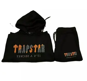 Conjunto de roupa de treino masculina, traje de treino com capuz, bordado, trapstar, preto/laranja, de alta qualidade