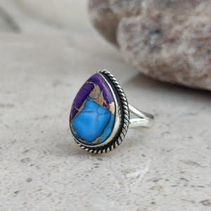 Anillo de Plata de Ley con Turquesa Morada Hecho a Mano, Anillo Bohemio con Piedras Preciosas, Regalo de Joyería para Mujeres y Hombres - Product Image 4