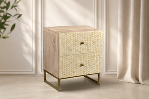 Mesa de Noche Tejida Estilo Boho con 2 Cajones, Mesa Auxiliar con Superficie de Madera y Patas de Metal, Mueble de Almacenamiento para Dormitorio - Product Image 2