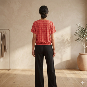 Blusa de manga corta con cuello en V y estampado geométrico rojo para mujer, blusa informal holgada con lazo en la parte delantera, blusas para primavera y verano - Product Image 6