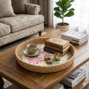 Bandeja de ratán hecha a mano con incrustaciones de concha de capiz, bandeja decorativa estilo boho para servir, decoración para el hogar, para mesa, de Vietnam. - Product Image 6