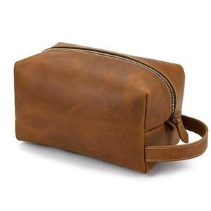 Étui à cosmétiques vintage en cuir Crazy Horse, portable, taille moyenne, fermeture éclair, durable, avec poignée souple - Product Image 1