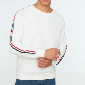 Sudadera Blanca de Cuello Redondo para Hombre, Manga Raglán, Lateral a Rayas, Corte Regular, Tejido de Algodón, Informal, para Otoño, Transpirable - Product Image 1