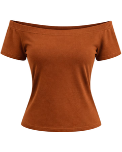 Camiseta de Mujer Color Naranja Quemado, Hombros Descubiertos, Manga Corta, Corte Ajustado, Informal, Verano, Algodón Suave, Fabricante OEM Personalizado - Product Image 1