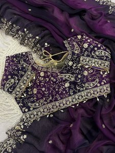 Ropa de fiesta: Saree de satén acolchado con bordado de lentejuelas de 3 mm, borde rico, todo bordado, blusa de diseñador Aarco con diseño Buttis y efecto arrugado. - Product Image 1