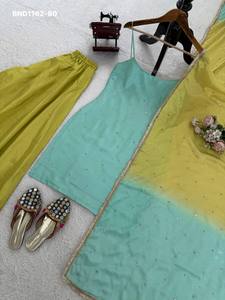 Ensemble prêt-à-porter haut et dupatta en soie Chinon de créateur, avec broderie de fils à paillettes, sans manches, coupe élastique, fournisseur indien - Product Image 5