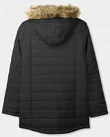 Veste matelassée noire pour femme avec capuche en fausse fourrure, manteau d'hiver chaud avec fermeture éclair et poches latérales