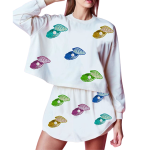 Conjuntos de Falda Corta de Algodón con Lentejuelas y Perlas Bordadas con Temática de Ostras, Estilo Casual, Personalizados, para Mujeres y Chicas Jóvenes - Product Image 2