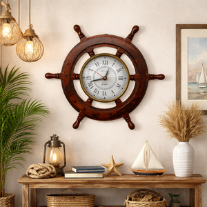 Reloj de Pared con Forma de Timón de Barco Náutico de Madera de Palisandro Indio, Diseño Marino |   Pieza Decorativa Vintage para Oficina en Casa con Estilo Costero - Product Image 2