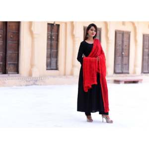 Beautiful Black Casual Kurta Set with Kashmiri <b>Red</b> Dupatta XS Size Rayon <b>Material</b> for India & Pakistan - Product Image 4