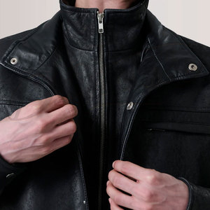 Premium Men Black Textured <b>Leather</b> <b>Jacket</b> Vintage High Neck Double Collar Slim Fit Genuine <b>Leather</b> Casual Fashion Coat - Product Image 1
