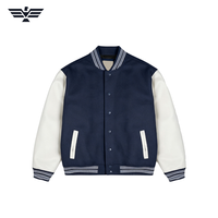 Veste de baseball pour homme en cuir véritable bleu marine et blanc, coupe-vent avec boutons-pression, style streetwear sportif