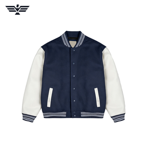 Chaqueta Varsity para Hombre en Azul Marino y Blanco con Bloques de Color, Exterior de Cuero Genuino, Resistente al Viento, con Botones a Presión, Estilo Béisbol, Ropa Deportiva Urbana - Product Image 1