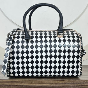 Premium Hand-Tooled Cow Leather Speedy Duffel Bag Western Black & <b>White</b> Checkered Large Shoulder <b>Handbags</b> for Travel & Daily Use - Product Image 5