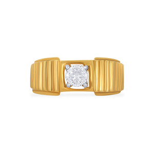 Timeless Glimmer <b>Men</b> Solitaire <b>Ring</b> Luxury Minimalist Round Cut Diamond Solitaire <b>Ring</b> with Ribbed Yellow Gold Shank - Product Image 3