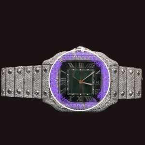 Montre-bracelet Hip Hop haut de gamme en or blanc et argent sterling avec cadran à chiffres romains et diamants Moissanite de couleur verte, cadeau élégant pour homme - Product Image 1