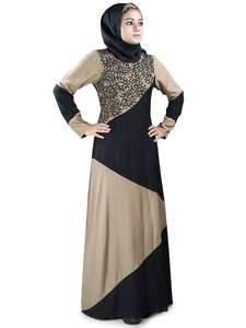Women's YASIR APPARL A-Line Ankle-Length <b>Bow</b> Long Sleeve Embroidered Evening/ Formal Modest Abaya Hijab Dress Crepe Natural ODM - Product Image 3