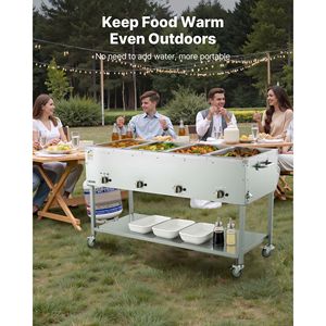 Table de maintien au chaud professionnelle en acier inoxydable à 4 bacs, à vapeur, au propane (GPL), pour extérieur, avec roues de 3 pouces et robinet de vidange, équipement de maintien au chaud et de conservation des soupes - Product Image 6
