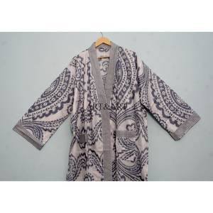 Robe Kimono en Coton pour Femme, Imprimé Bloc, Confortable, Vêtement de Nuit, Robe de Demoiselle d'Honneur, Peignoir de Plage, Robe Faite Main, Naturelle - Product Image 2