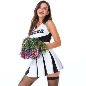 Women's Cheerleading Uniform White Black <b>Striped</b> <b>Crop</b> <b>Top</b> Skirt Set With Pom Poms Adult Size Polyester Material - Product Image 5