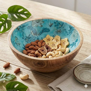 Tazón Redondo de Madera Esmaltada con Diseño Impreso para Ensaladas, Frutas y Aperitivos, para Bodas y Decoración del Hogar, Tazón de Madera Artesanal para Servir - Product Image 1