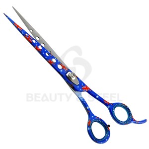 Ciseaux de coiffure professionnels bleu foncé avec motif floral doré orné et bord convexe tranchant - Product Image 6