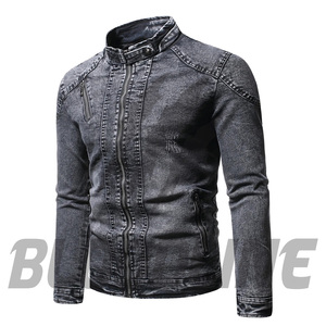 Chaqueta de Motociclista BLOODLINE INTERNATIONAL, Estilo Blouson, de Mezclilla, Manga Larga, Cuello con Botones, Cierre de un Solo Botón, Color Azul Sólido Lavado, para Invierno - Product Image 1