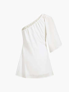 Vestido Mini Blanco de un Hombro para Mujer, Vestido de Lino Informal de Verano con Mangas Abullonadas, Vestido Elegante para Fiesta o Playa - Product Image 3