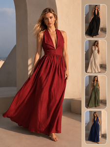 Robe longue élégante en lin/coton à col mandarin, faite main, sans manches, dos nu, unie, rouge vintage, pour l'été, la plage, les fêtes et les vacances - Product Image 2