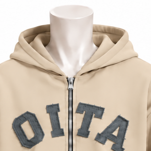 Sweat-shirt à capuche zippé beige pour homme, en molleton épais, avec patch lettres en chenille, coupe oversize, style streetwear décontracté, avec poches kangourou - Product Image 3