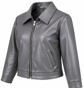 Chaqueta de moto de piel sintética gris para mujer con cremallera y cuello vuelto, estilo corto. - Product Image 4