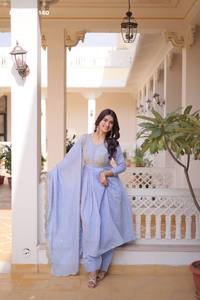 High Quality Mal Chanderi with <b>Beads</b> Embroidered Round-Flared Readymade Kurti-Pant Dupatta Collection Supplier from India - Product Image 6