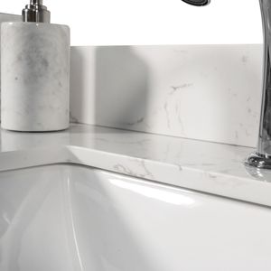 Top per mobile bagno in pietra rettangolare Montary 43x22 pollici con lavabo in ceramica sottopiano in pietra ingegnerizzata colore marmo bianco Carrara - Product Image 2