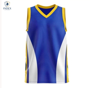 Index Apparel Custom <b>Blue</b> Yellow <b>White</b> Basketball Jersey Sleeveless V-Neck Sublimated Print Unisex Adult Athletic Fit - Product Image 1