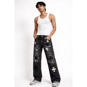 High Quality Custom Design Solid Casual Mid Waist <b>Stretch</b> Regular Fit Straight-leg Denim Jeans <b>Men</b> - Product Image 2