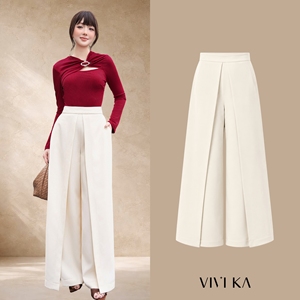 Women's Cream Polyester Spandex Wide Leg <b>Split</b> Pants Casual Office High Waist Designer <b>Trousers</b> Fashion Pants ELOWEN - Product Image 1