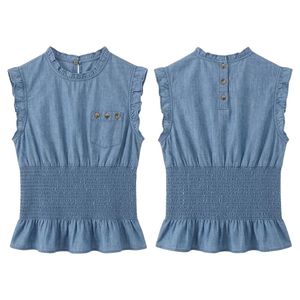 Denim <b>Chambray</b> Breathable <b>Women</b> Blouses Smocked Waist Frill Armhole Indigo Blue Chest Embroidery Sleeveless <b>Shirts</b> - Product Image 1