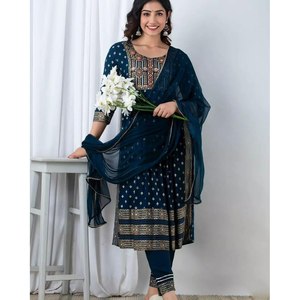 DISEÑADOR RAYON GOLD PRINT TRABAJO TOP BOTTOM CON DUPATTA AZUL MARINO - Product Image 1