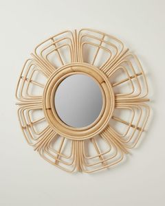 Miroir mural moderne de style bohème en rotin brun naturel avec fleurs Style unique pour chambre à coucher Personnalisé à des fins décoratives Offre Spéciale - Product Image 1