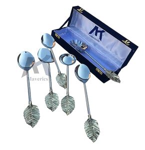 Serving Spoon Set Metal Leaf Handle <b>Mirror</b> Polish Long Handle Durable Modern Design Party Use - Product Image 5