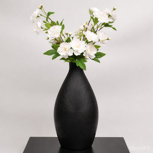 Vase moderne en métal noir mat, texture radiale effet soleil, style minimaliste nordique, vase à fleurs décoratif en porcelaine, décoration de table pour la maison - Product Image 1