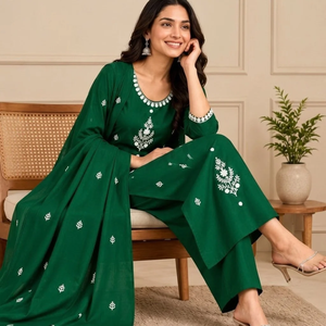 Elegant Ethnic Wear <b>Womens</b> Embroidered Rayon <b>Kurta</b> Pant Dupatta Set Breathable Fabric Festive Attire <b>Women</b>’s embroidered rayon - Product Image 1