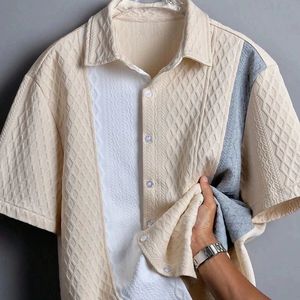 OEM 2026 Men's Color Block <b>Patchwork</b> Cable Knit Short Sleeve <b>Shirt</b> Lapel Collar Button Down Textured Casual Summer <b>Shirts</b> - Product Image 2