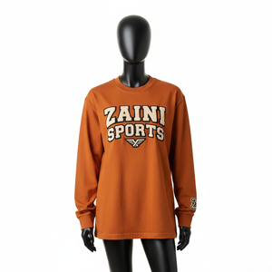 T-shirt à manches longues pour femme, en coton épais tricoté, col rond marron, avec logo en chenille, vêtement décontracté, en coton. - Product Image 6