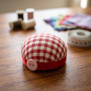 AA0279 Wrist <b>Pin</b> Cushion | Hand <b>Sewing</b> Accessories| Red White Checkered Round <b>Pin</b> Cushion With Button <b>Sewing</b> Accessory - Product Image 4
