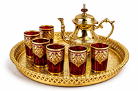 Set Kopi & Teh Logam Emas Bohemian Maroko JM INTERNATIONAL Terlaris, Bahan Aluminium Alloy, 6 Gelas, 1 Nampan, 1 Teko, Kotak Hadiah