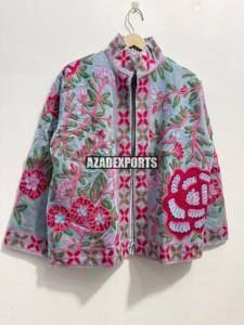 Chaqueta Bomber de Terciopelo con Bordado Floral a Mano, Forro de Piel de Oveja, Cuello Mao, Manga Larga, Ropa de Abrigo para Mujer, Otoño, Invierno, Primavera - Product Image 4