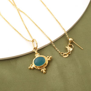 Collier pendentif en chalcédoine aqua de forme ovale pour usage quotidien, plaqué or 18 carats, avec cadre en laiton perlé, bijoux unisexes tendance - Product Image 4